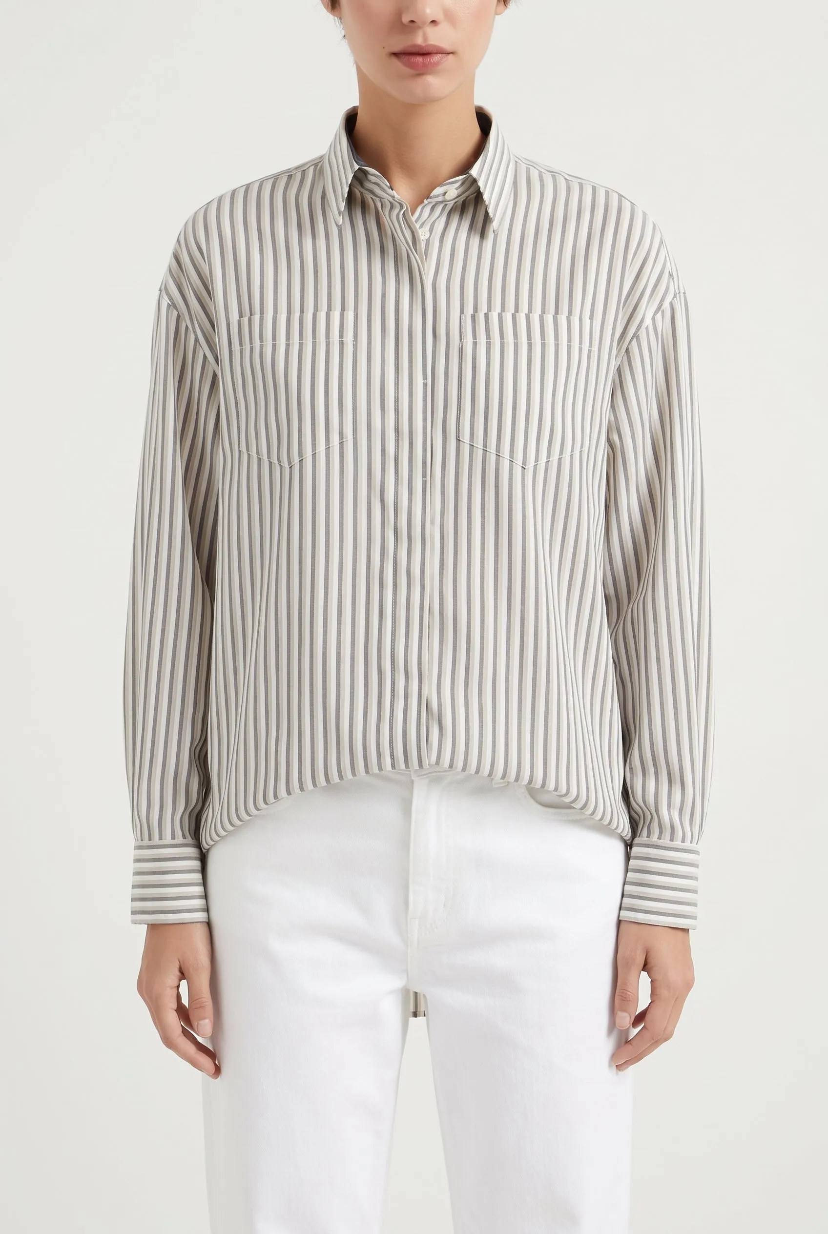 BRUNELLO CUCINELLI WOMEN'S BEIGE STRIPED SILK SHIRT sold by Lord & Taylor