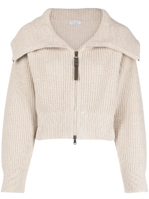 BRUNELLO CUCINELLI WOMEN'S BEIGE SILK WOOL ZIP SWEATER made by Brunello Cucinelli