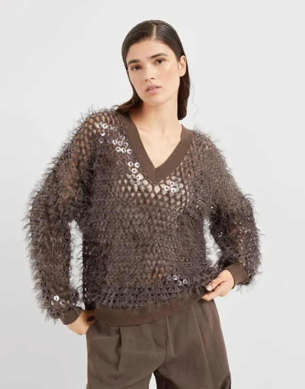 BRUNELLO CUCINELLI WOMEN'S BROWN OPENWORK KNIT SWEATER made by Brunello Cucinelli