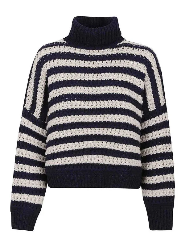 BRUNELLO CUCINELLI WOMEN'S NAVY STRIPED TURTLENECK KNIT SWEATER sold by Lord & Taylor