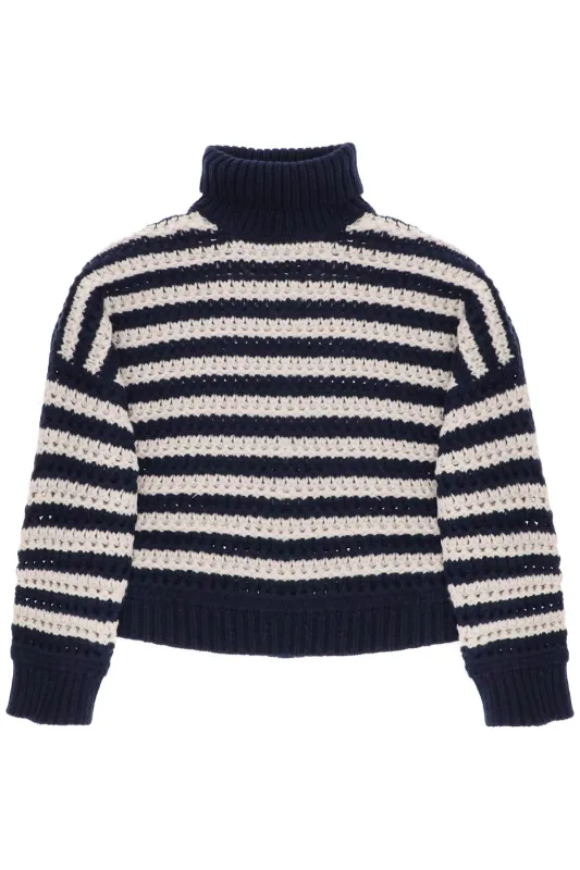 BRUNELLO CUCINELLI WOMEN'S NAVY STRIPED TURTLENECK KNIT SWEATER made by Brunello Cucinelli