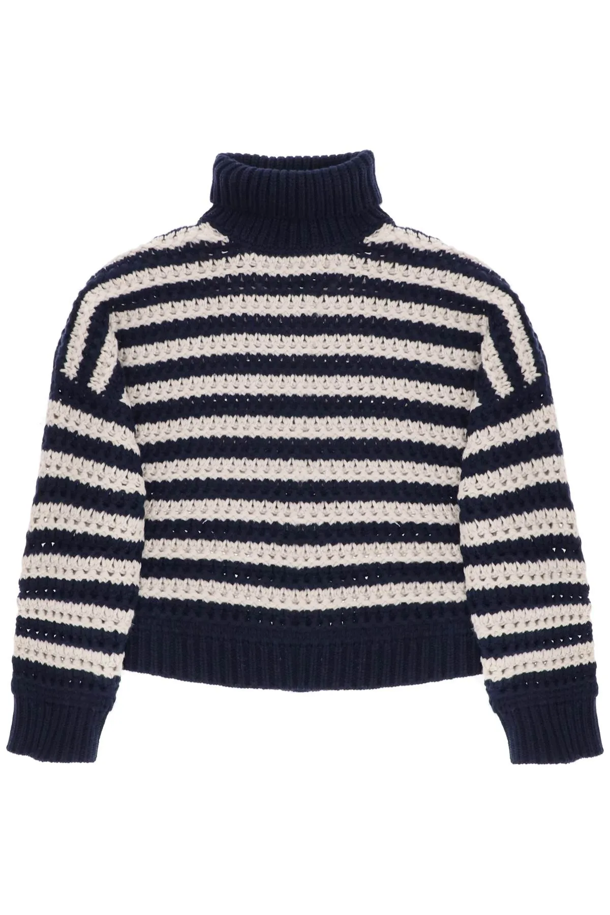 BRUNELLO CUCINELLI WOMEN'S NAVY STRIPED TURTLENECK KNIT SWEATER sold by Lord & Taylor