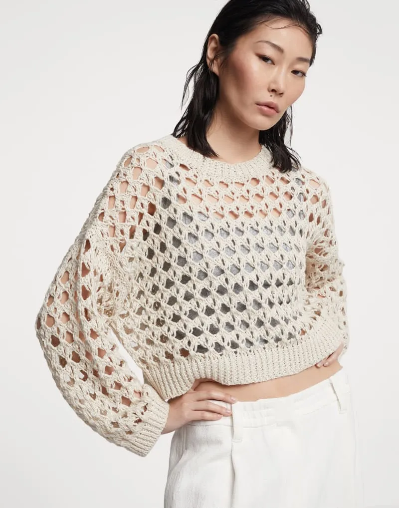 BRUNELLO CUCINELLI WOMEN'S BEIGE OPENWORK KNIT SWEATER sold by Lord & Taylor