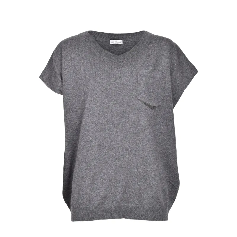 BRUNELLO CUCINELLI WOMEN'S GRAY CASHMERE SHORT SLEEVE SWEATER made by Brunello Cucinelli