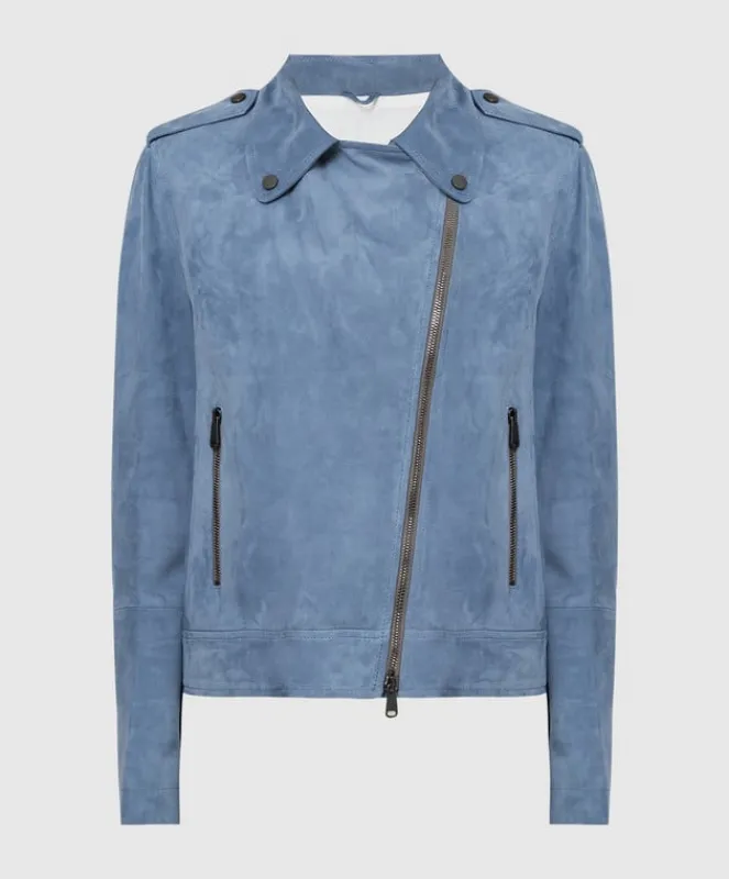 BRUNELLO CUCINELLI WOMEN'S BLUE LEATHER BIKER JACKET made by Brunello Cucinelli