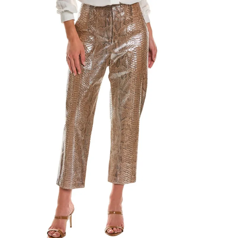 BRUNELLO CUCINELLI WOMEN'S GOLD LEATHER CROPPED TROUSERS made by Brunello Cucinelli