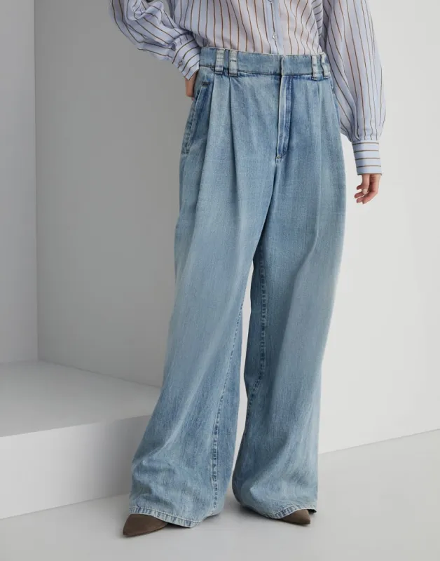 BRUNELLO CUCINELLI WOMEN'S LIGHT BLUE WIDE LEG TROUSERS made by Brunello Cucinelli
