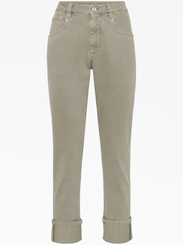 BRUNELLO CUCINELLI WOMEN'S GREEN SAFARI COTTON STRAIGHT TROUSERS WITH CUFFS made by Brunello Cucinelli