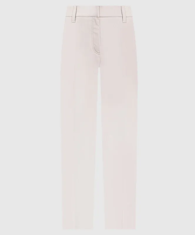 BRUNELLO CUCINELLI WOMEN'S LIGHT NEUTRAL SLIM COTTON TROUSERS WITH FRONT CREASE made by Brunello Cucinelli
