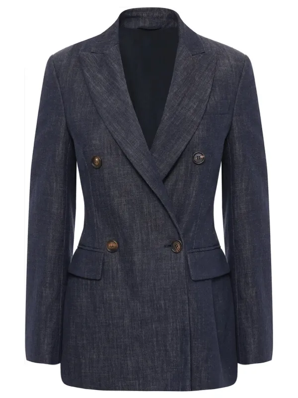 BRUNELLO CUCINELLI WOMEN'S DARK BLUE DOUBLE BREASTED BLAZER made by Brunello Cucinelli