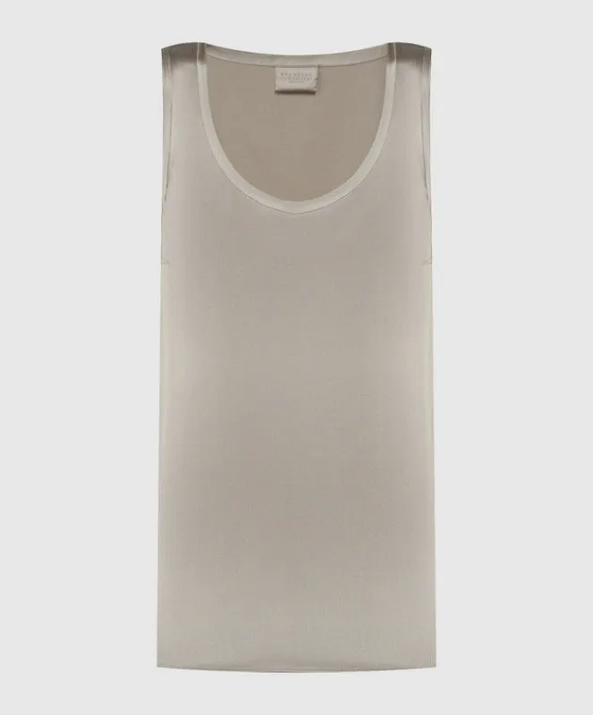 BRUNELLO CUCINELLI WOMEN'S LIGHT BEIGE SILK SLEEVELESS SHIRT made by Brunello Cucinelli