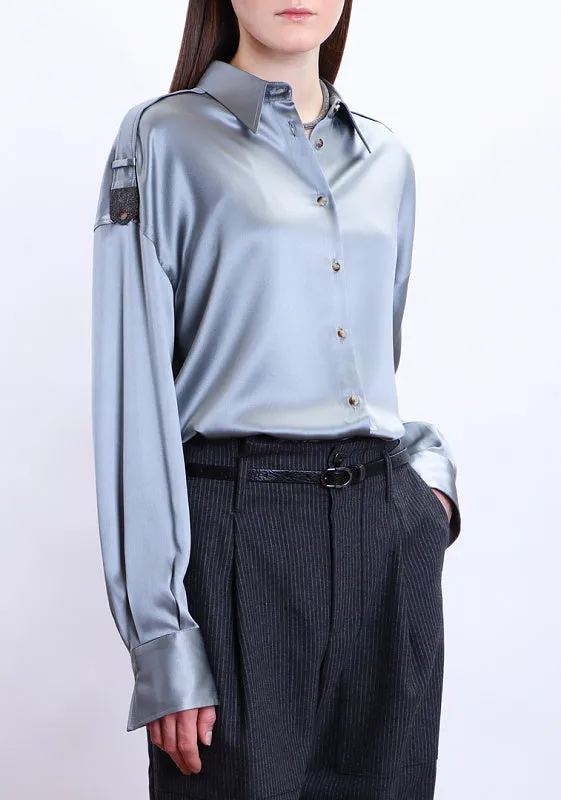 BRUNELLO CUCINELLI WOMEN'S GREY BLUE SATIN BUTTON-UP SHIRT sold by Lord & Taylor product image thumbnail 3