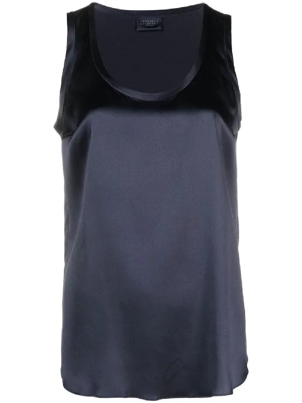 BRUNELLO CUCINELLI WOMEN'S DARK BLUE SILK TANK TOP made by Brunello Cucinelli