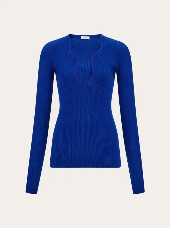 FERRAGAMO WOMEN'S BRIGHT BLUE RIBBED SWEATER made by Salvatore Ferragamo