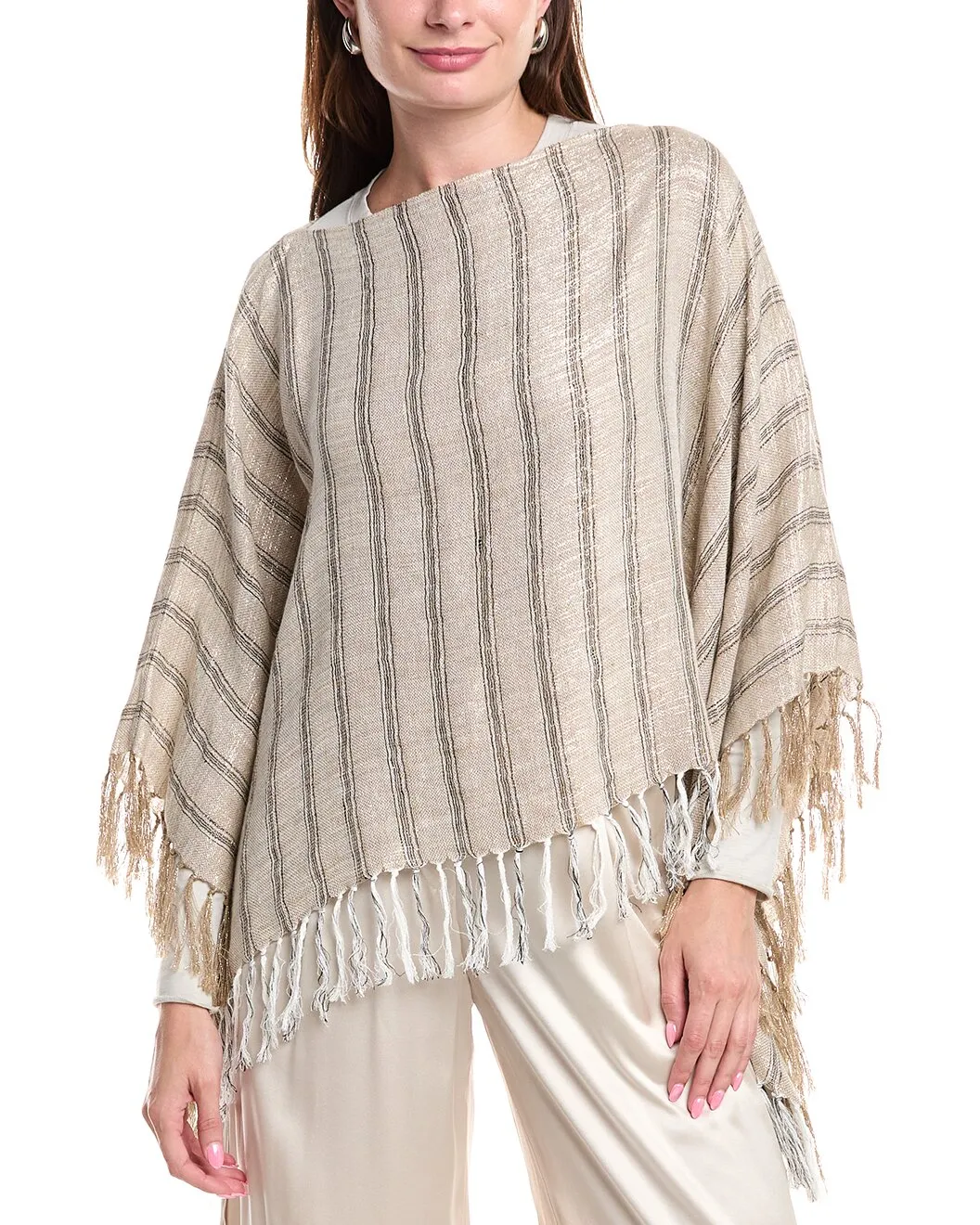 BRUNELLO CUCINELLI WOMEN'S BEIGE STRIPED PONCHO WITH FRINGE sold by Lord & Taylor