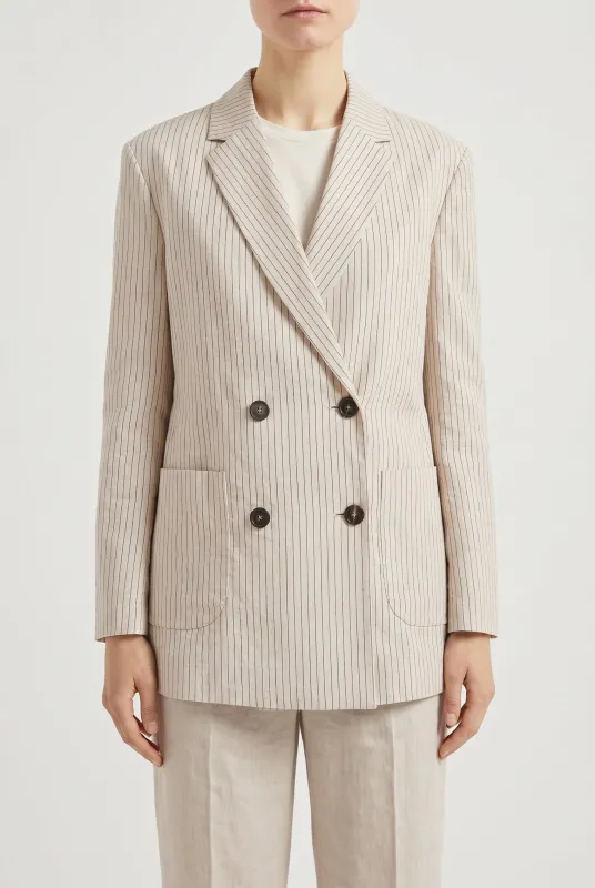 BRUNELLO CUCINELLI WOMEN'S BEIGE PINSTRIPE DOUBLE BREASTED BLAZER made by Brunello Cucinelli