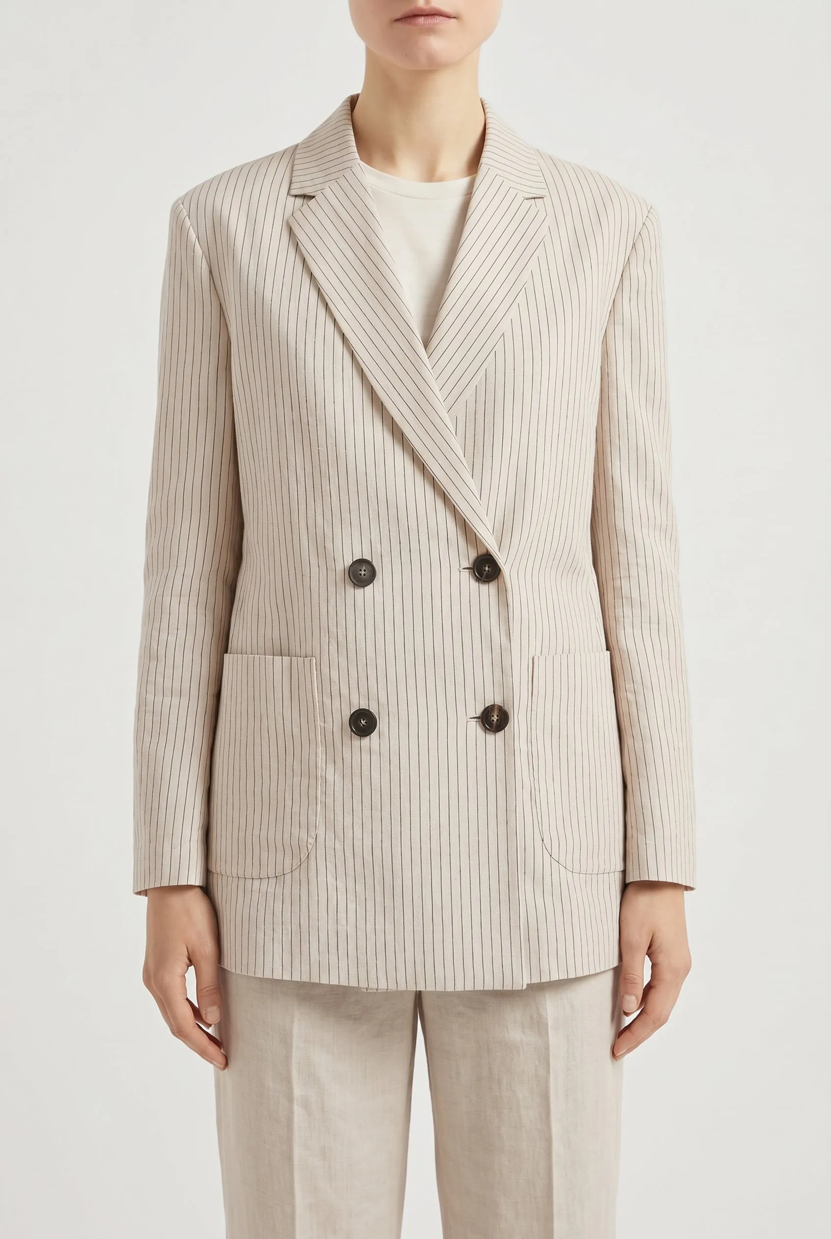 BRUNELLO CUCINELLI WOMEN'S BEIGE PINSTRIPE DOUBLE BREASTED BLAZER sold by Lord & Taylor