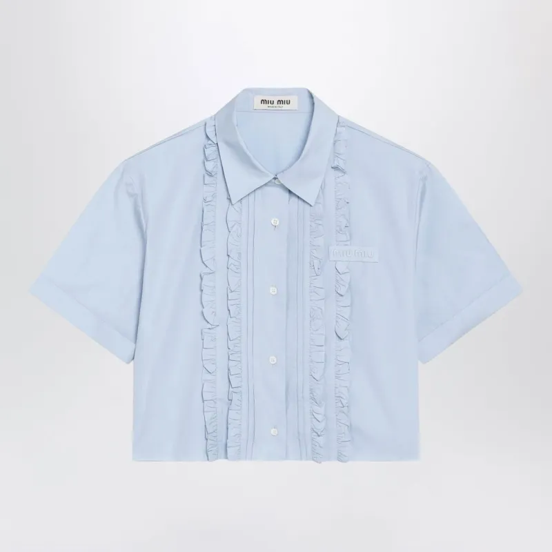 LIGHT BLUE CROPPED POPLIN SHIRT WITH RUFFLES made by Miu Miu