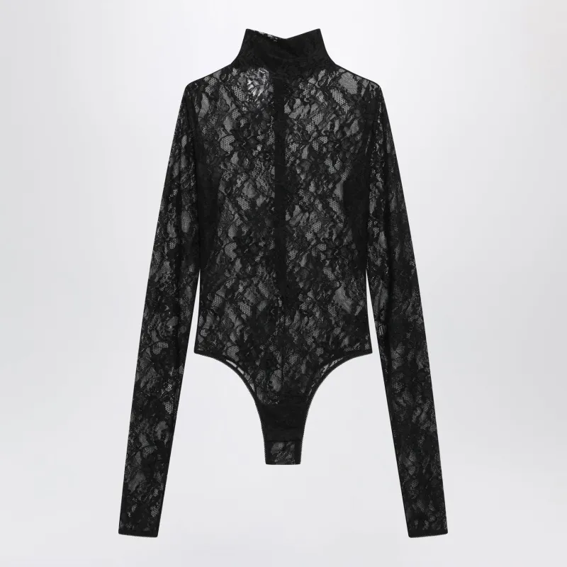 BLACK SEMISHEER LACE TURTLENECK BODYSUIT made by The Andamane