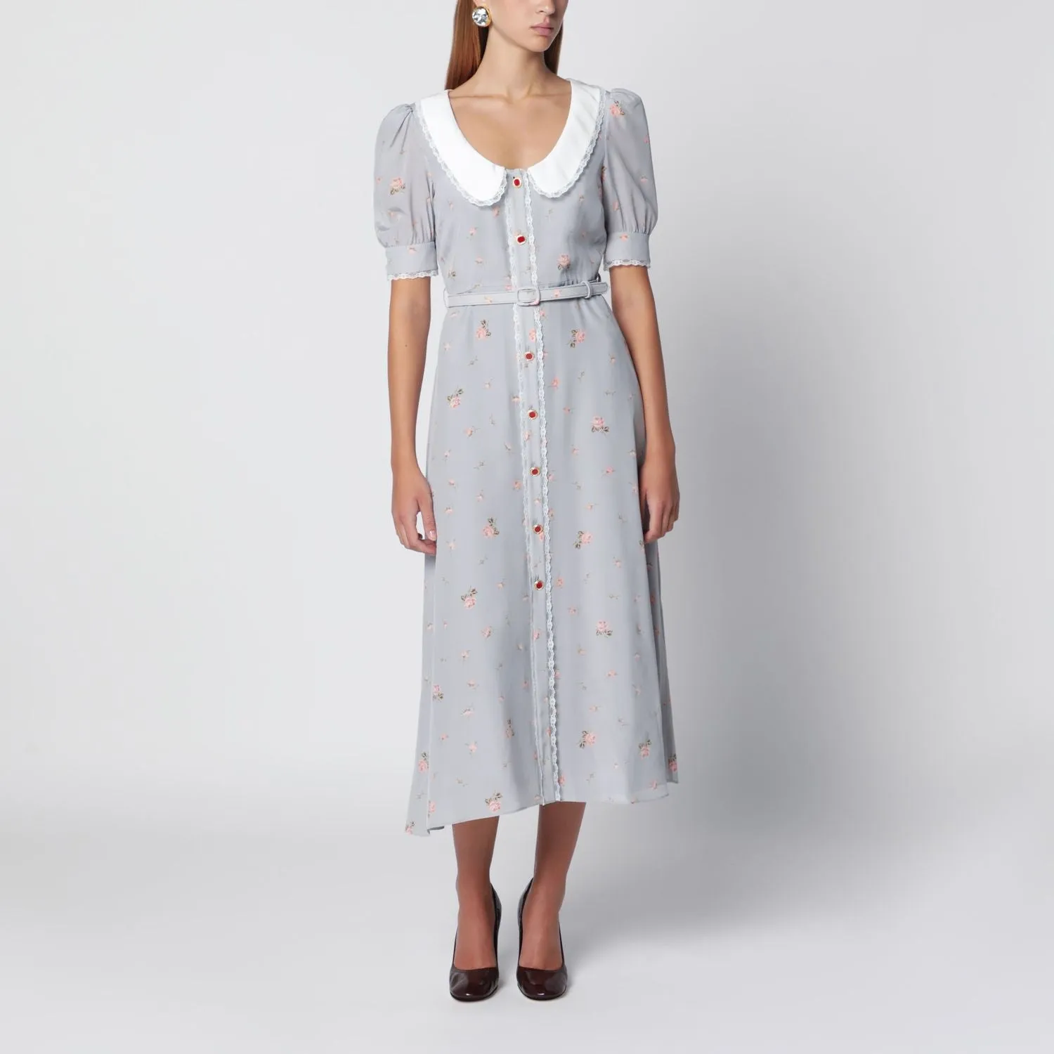 GREY/PINK FLORALPRINT SILK MIDI DRESS sold by Lord & Taylor