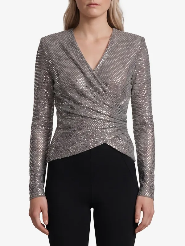 GREY RHINESTONE MESH WRAP TOP made by Self-Portrait