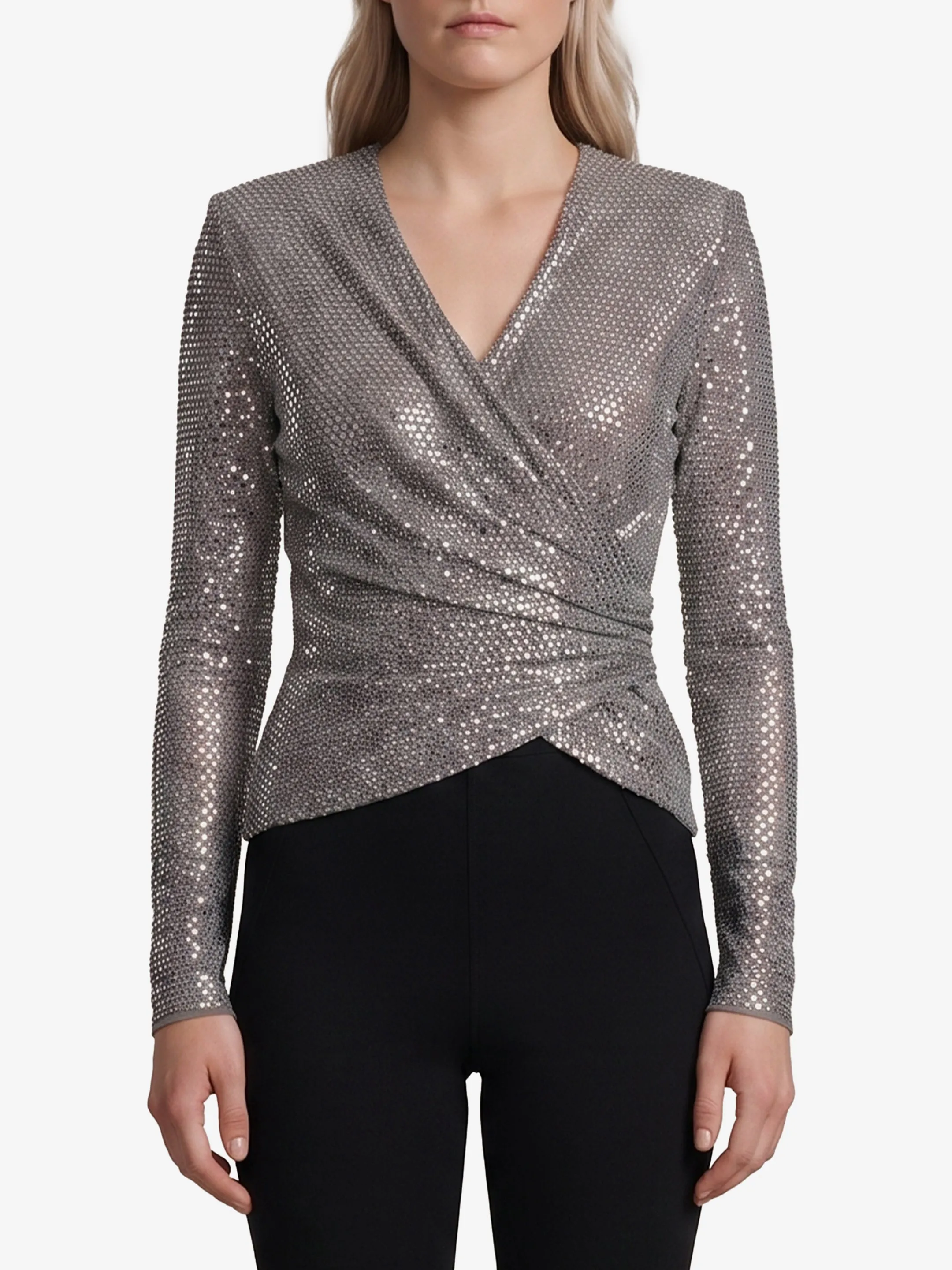 GREY RHINESTONE MESH WRAP TOP sold by Lord & Taylor