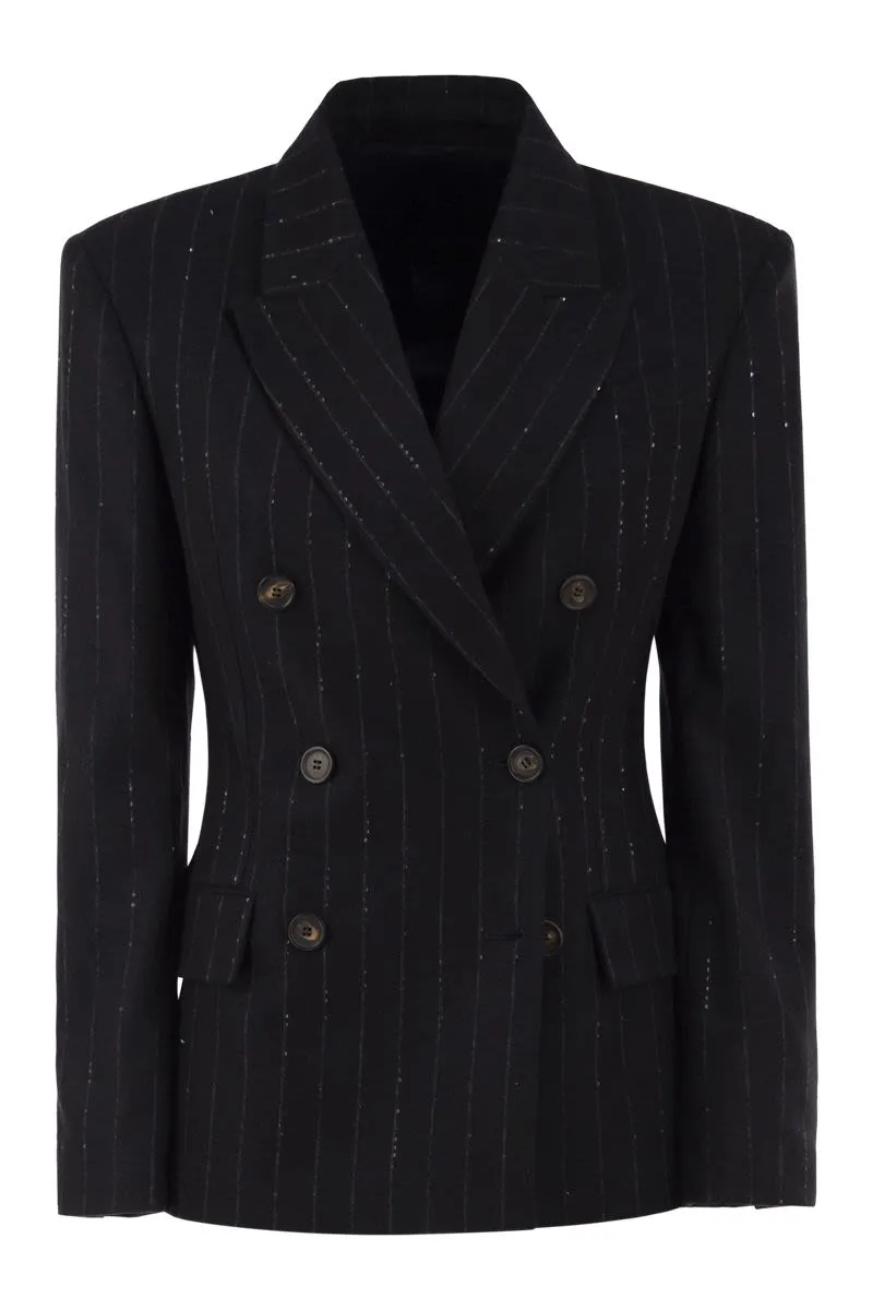 DOUBLE-BREASTED PINSTRIPE BLAZER WITH SEQUINS sold by Lord & Taylor