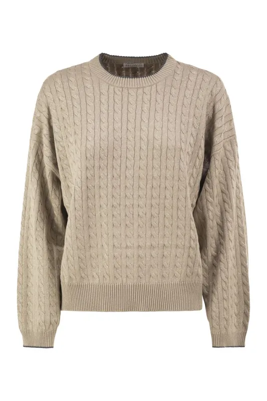 CABLE-KNIT CREW NECK JUMPER WITH SHIMMERING YARN made by Brunello Cucinelli
