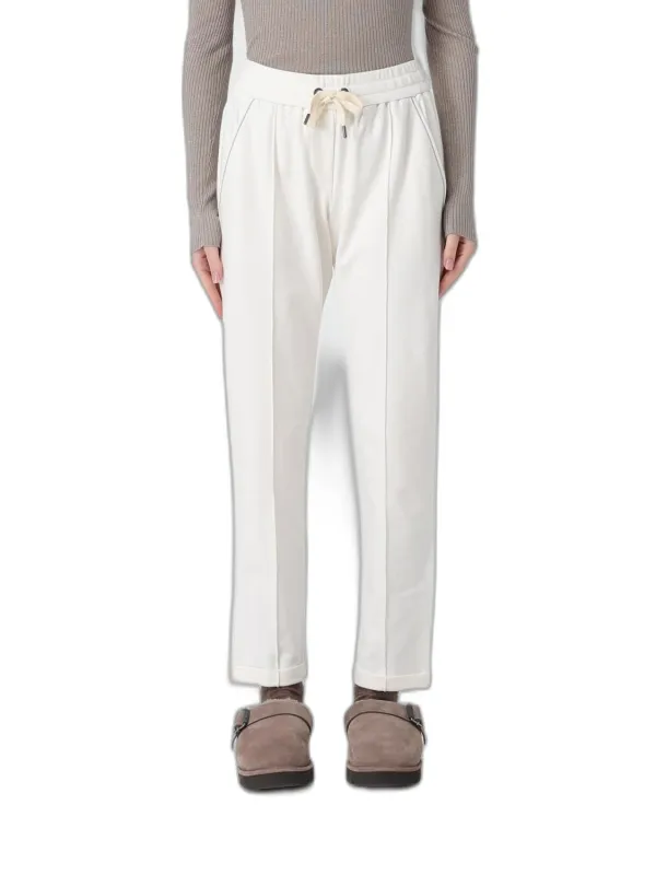 WHITE BRUNELLO CUCINELLI WOMENS COTTON DRAWSTRING JOGGERS FEATURING SIDE POCKETS WITH SIGNATURE MONILI EMBROIDERY made by Brunello Cucinelli