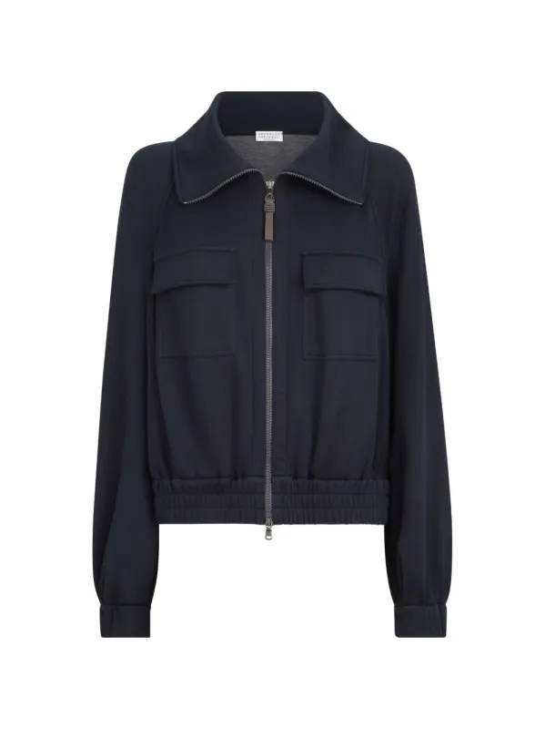 NAVY BRUNELLO CUCINELLI COTTON-SILK INTERLOCK CARDIGAN FEATURING PATCH POCKETS AND A SIGNATURE MONILI ZIPPER PULL made by Brunello Cucinelli