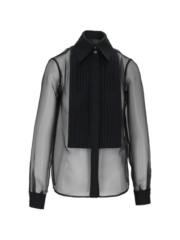 BLACK ELISABETTA FRANCHI LONG-SLEEVE STRETCH COTTON PEPLUM SHIRT FEATURING GOLD LOGO-EMBELLISHED BUTTONS. made by Elisabetta Franchi