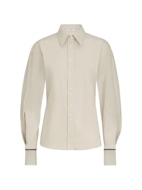 IVORY BRUNELLO CUCINELLI STRETCH COTTON POPLIN SHIRT FEATURING SHINY SILK CUFFS AND MONILI EMBROIDERY made by Brunello Cucinelli