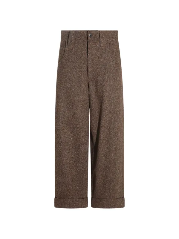 BROWN BRUNELLO CUCINELLI WOOL-BLEND TWEED WIDE-LEG TROUSERS FEATURING TURN-UP HEMS AND MONILI CHAIN DETAIL. made by Brunello Cucinelli