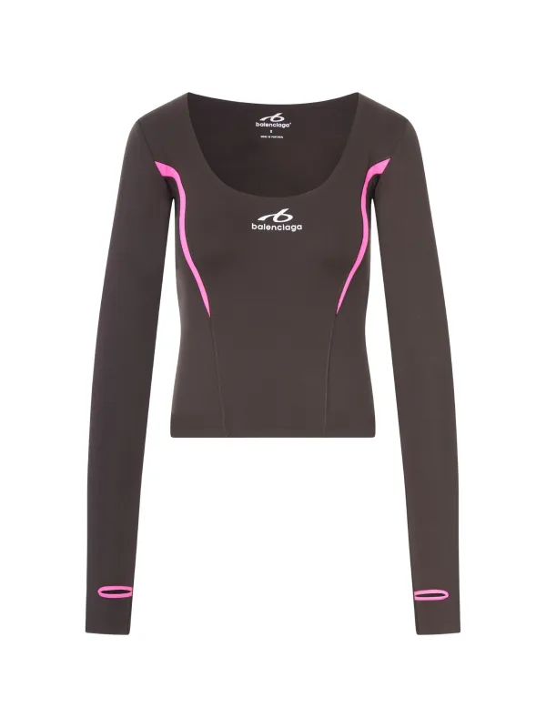BALENCIAGA WOMENS TECHWEAR FITTED LONG-SLEEVE TOP IN KHAKI BROWN AND NEON PINK WITH THUMBHOLES made by Balenciaga