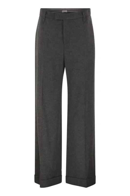 GREY BRUNELLO CUCINELLI WOOL-CASHMERE WIDE-LEG TROUSERS FEATURING A PRESSED CREASE AND REAR MONILI DETAIL. made by Brunello Cucinelli