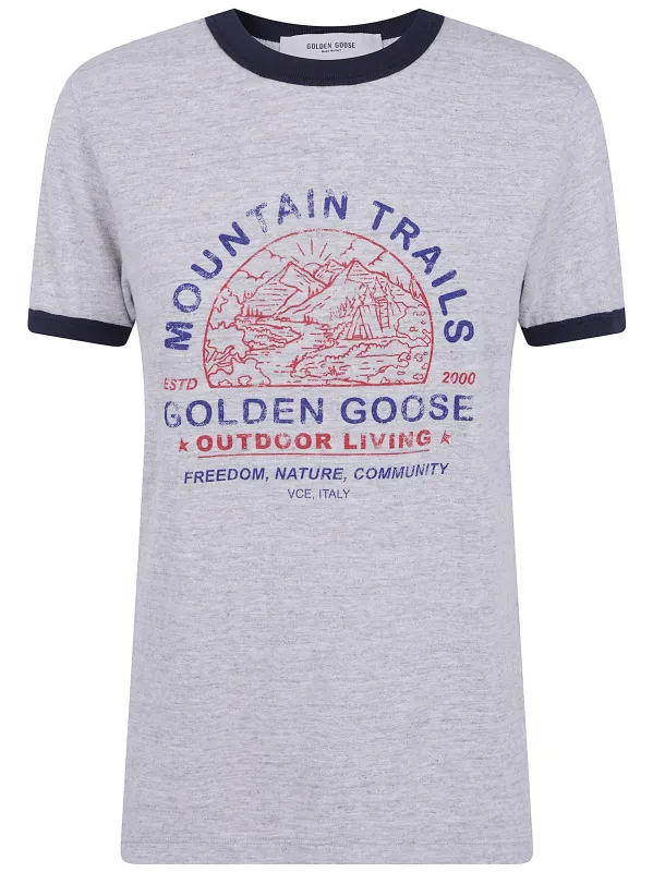 "JOURNEY W`S" SLIM LONG T-SHIRT SLUB COTTON JERSEY WITH KNITTED RIB AND PRINT made by Golden Goose