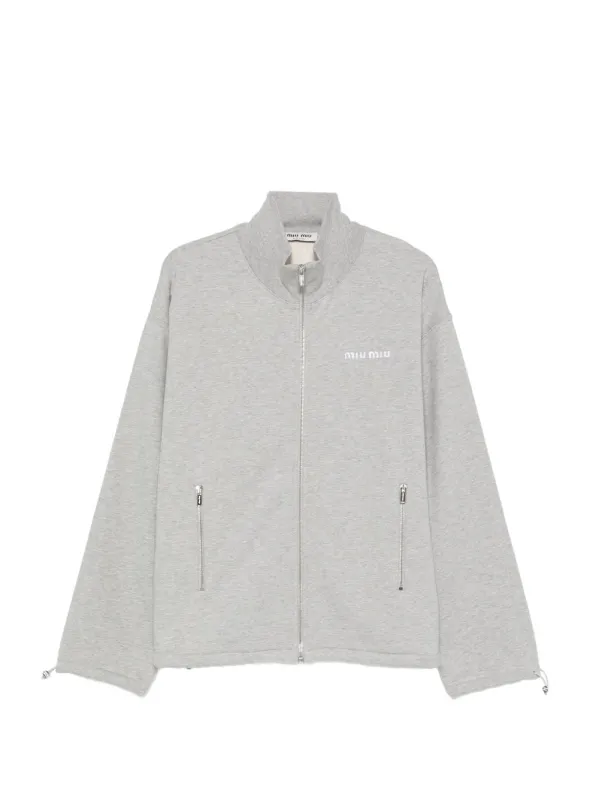 Grey Miu Miu relaxed-fit cotton fleece zip-up sweatshirt featuring a contrasting embroidered chest logo made by Miu Miu