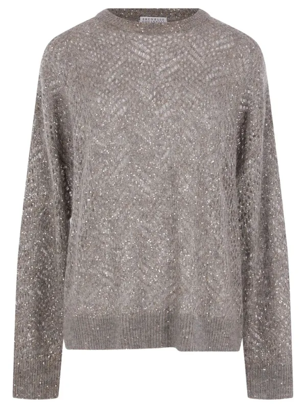 OPEN-WORK CREWNECK SWEATER WITH SEQUINS made by Brunello Cucinelli