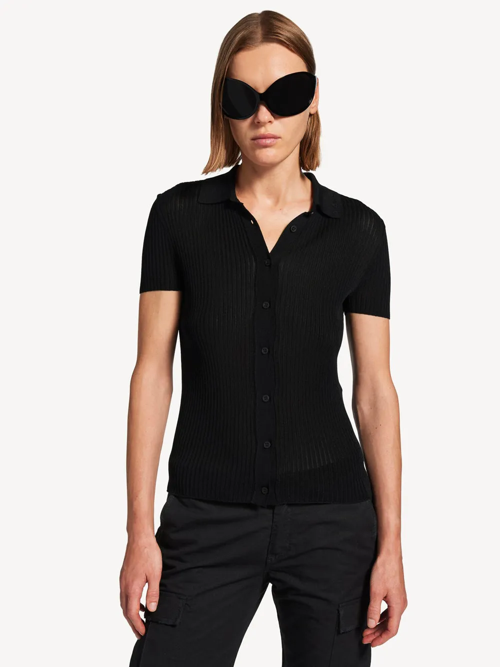 SHORT SLEEVED RIBBED VISCOSE AND COTTON KNIT TOP sold by Lord & Taylor product image thumbnail 2