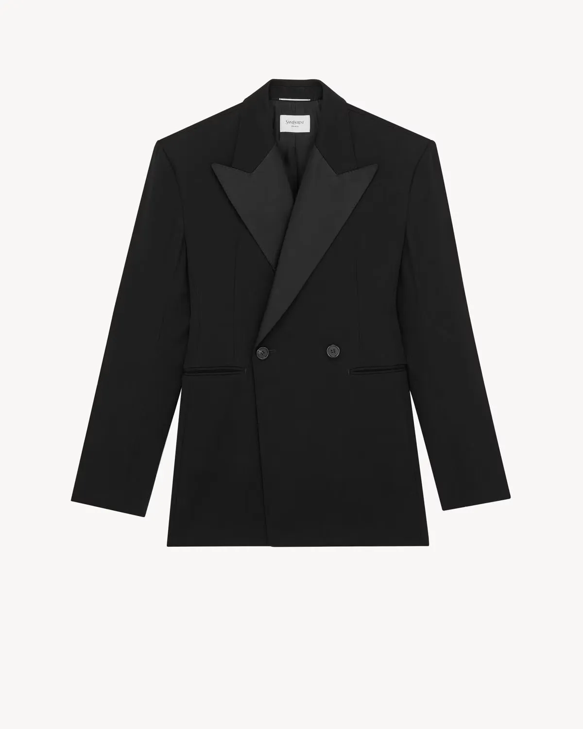 Double-breasted tuxedo jacket in grain de poudre sold by Lord & Taylor