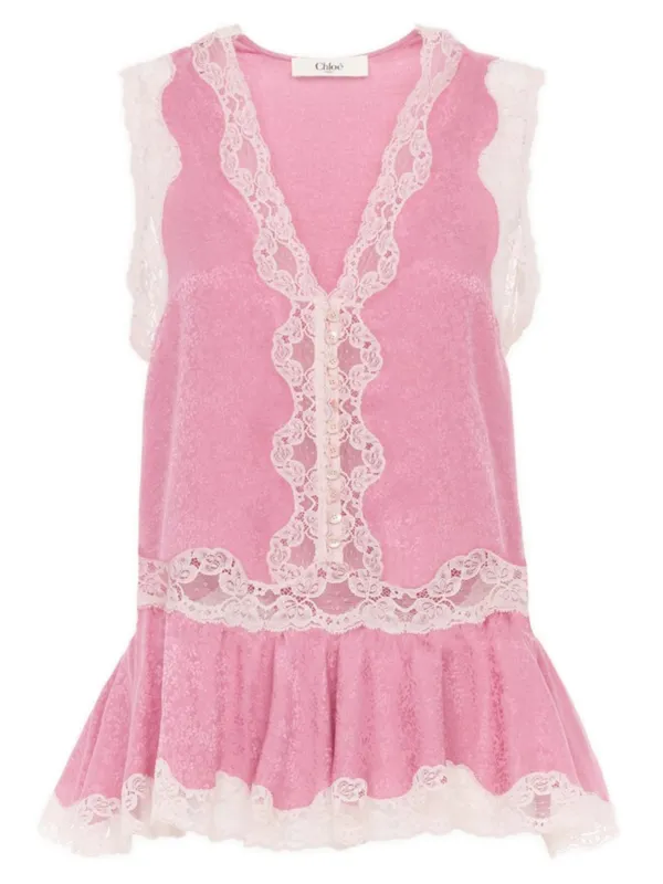 SLEEVELESS PEPLUM TOP IN SILK JACQUARD AND LACE made by Chloe