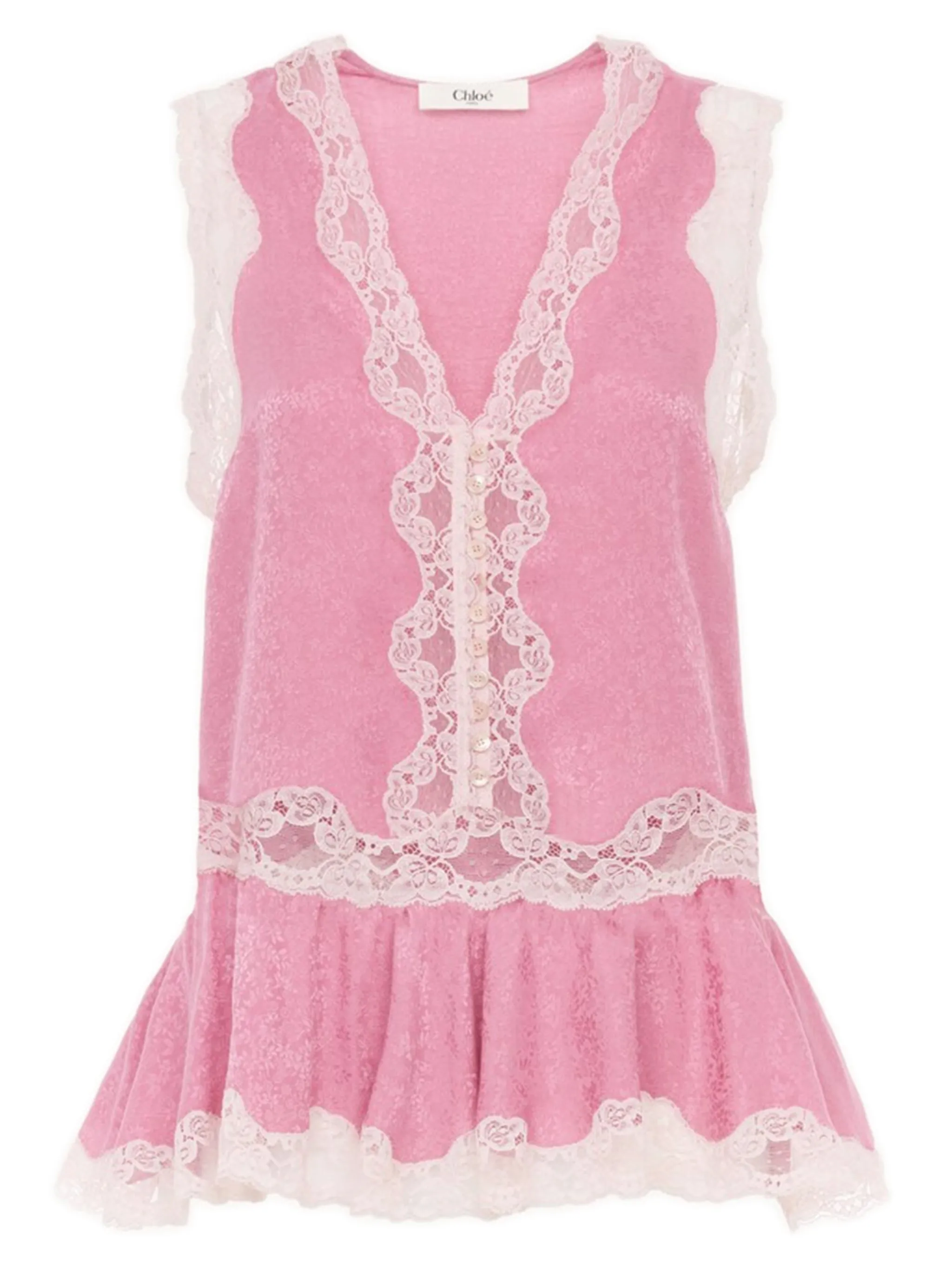 SLEEVELESS PEPLUM TOP IN SILK JACQUARD AND LACE sold by Lord & Taylor
