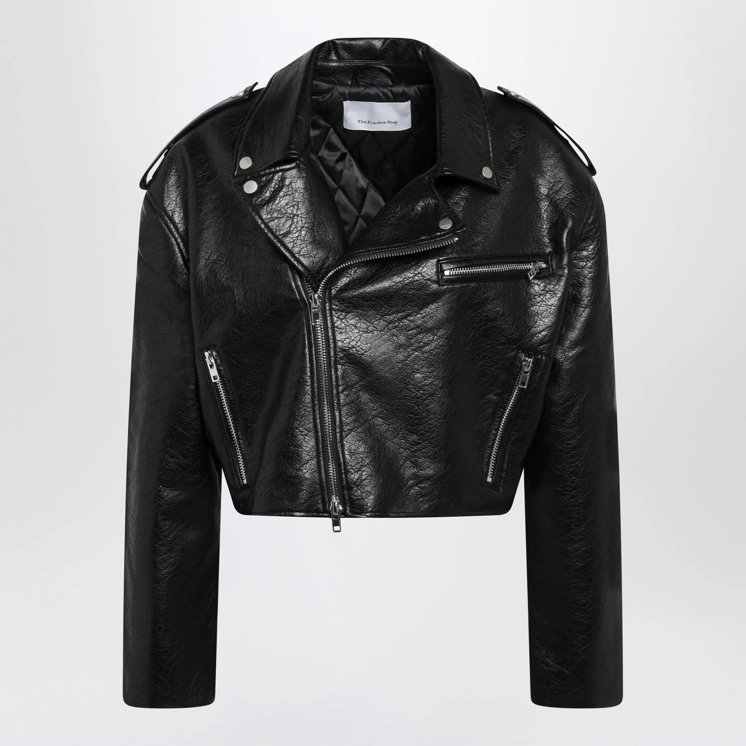 BLACK CROPPED BIKER JACKET IN FAUX LEATHER sold by Lord & Taylor