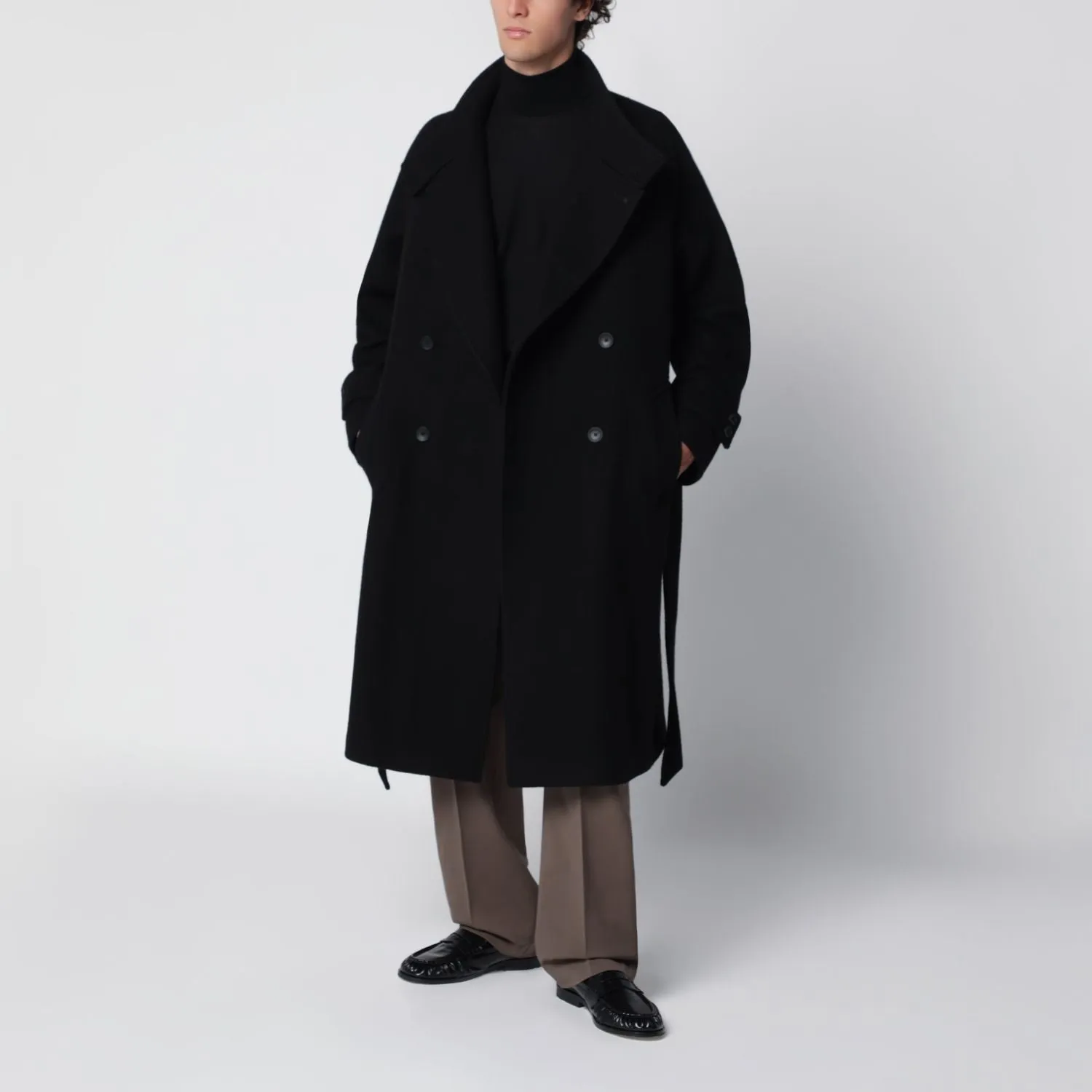 BLACK DOUBLEBREASTED WOOLBLEND COAT WITH BELT sold by Lord & Taylor