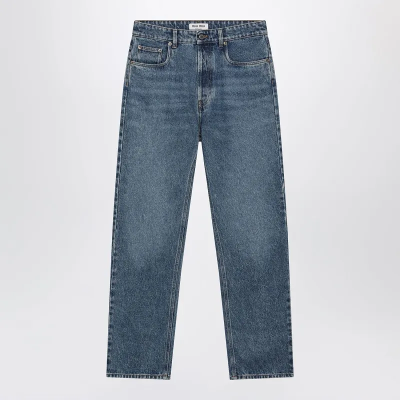MEDIUM BLUE JEANS WITH LOGO EMBROIDERY made by Miu Miu