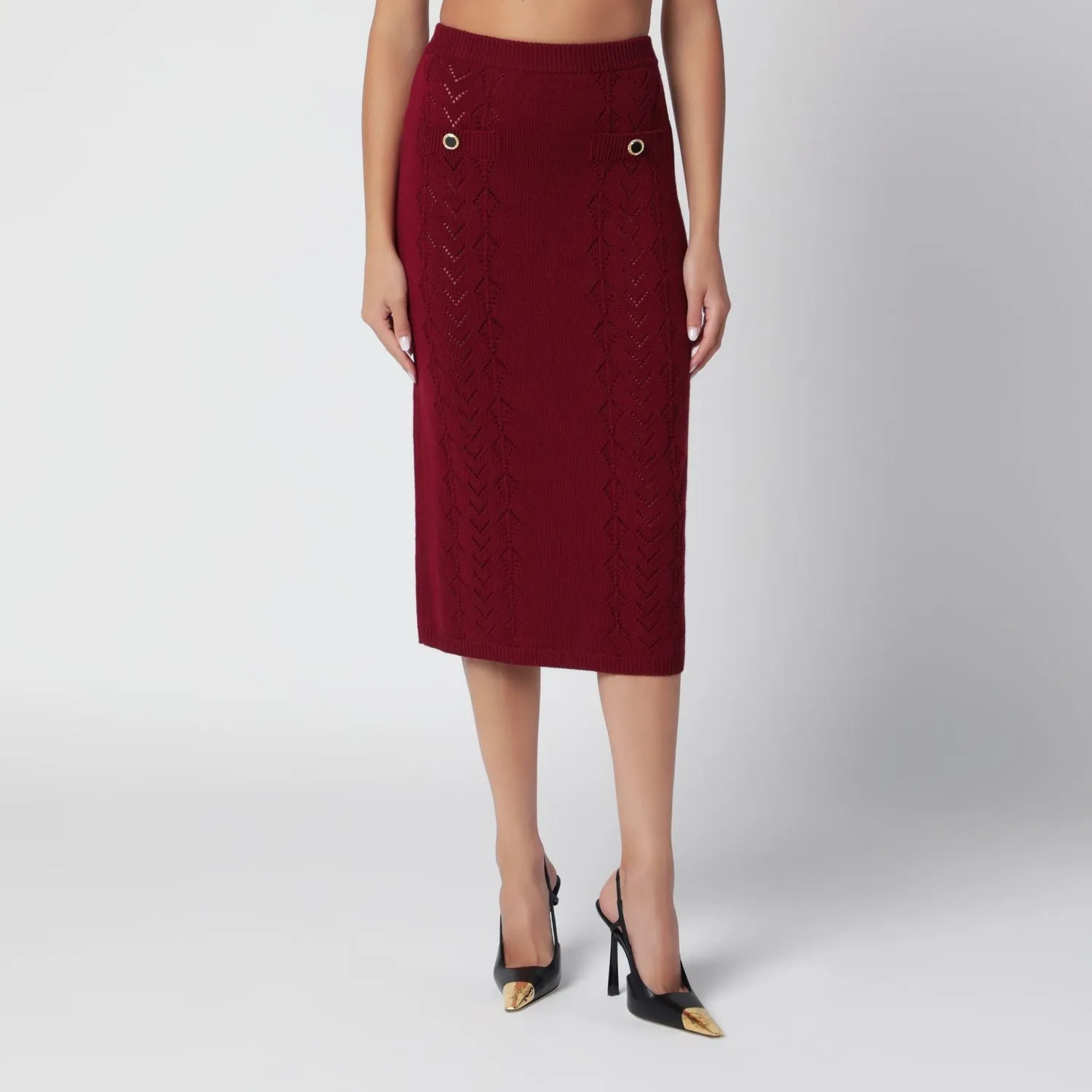 BORDEAUX MERINO WOOL LACE KNIT MIDI SKIRT sold by Lord & Taylor