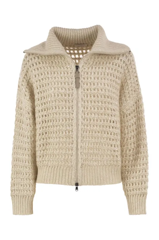 OPENWORK WOOL, CASHMERE AND MOHAIR ZIP CARDIGAN made by Brunello Cucinelli