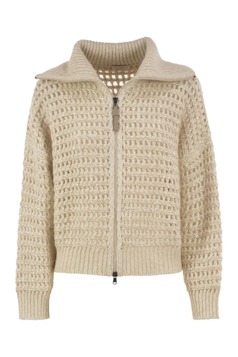 OPENWORK WOOL, CASHMERE AND MOHAIR ZIP CARDIGAN sold by Lord & Taylor