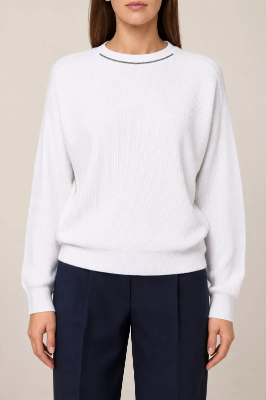 BRUNELLO CUCINELLI WOMEN'S WHITE COTTON CREW NECK SWEATER made by Brunello Cucinelli
