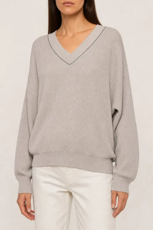 BRUNELLO CUCINELLI WOMEN'S LIGHT GREY COTTON SWEATER made by Brunello Cucinelli